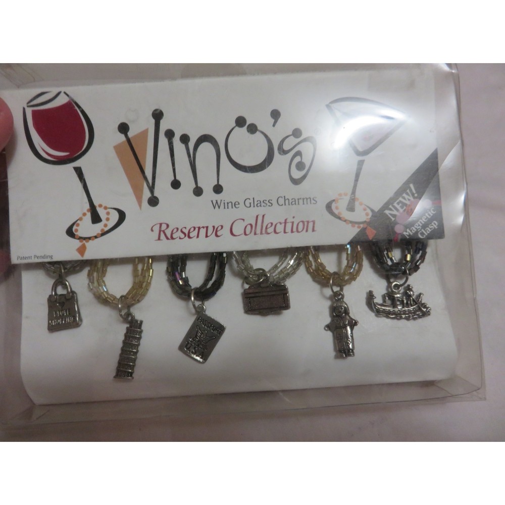 VINO'S WINE GLASS CHARMS NEW IN BOX  6 CHARMS IN A WORLD TRAVEL THEME